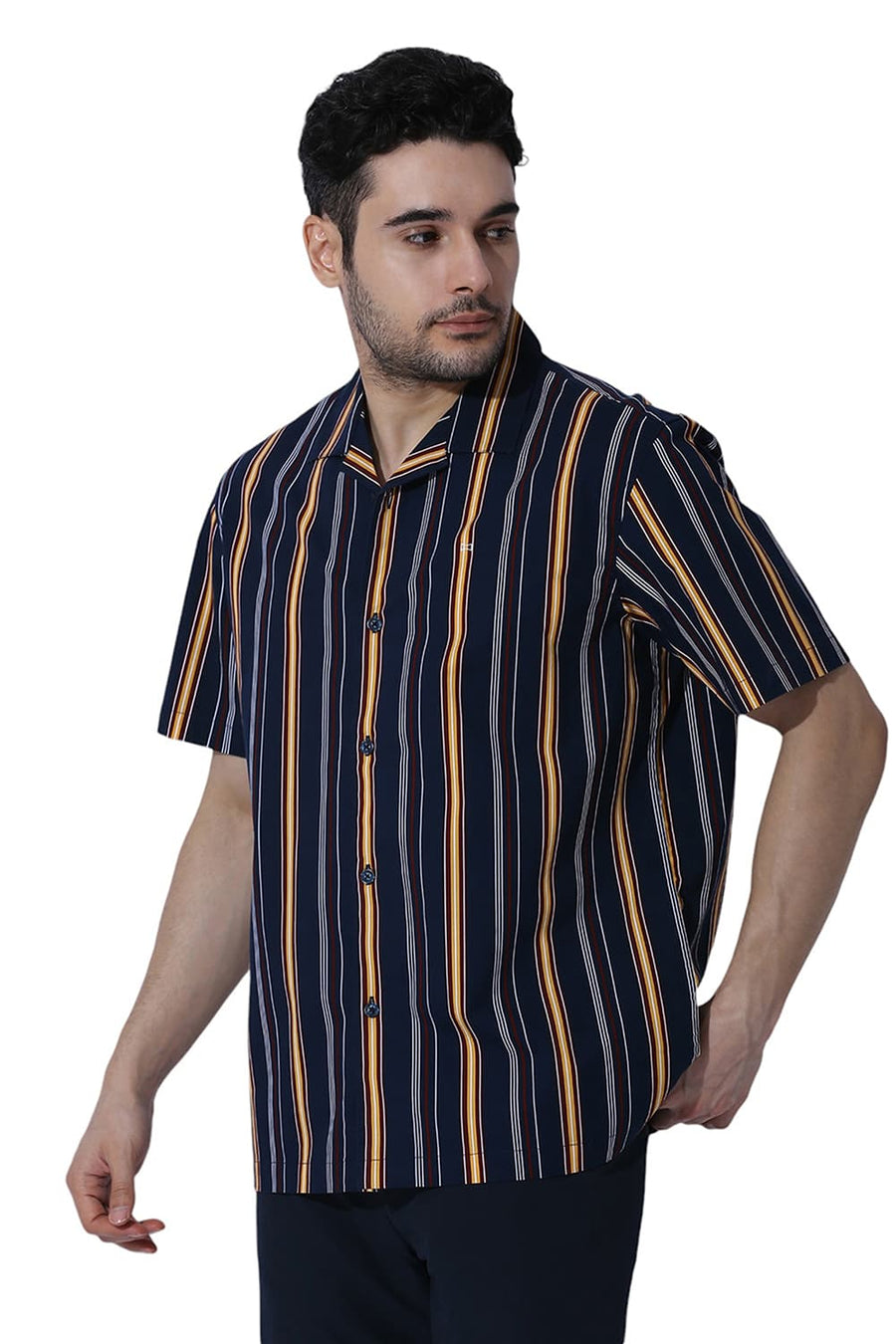 BASICS RELAXED FIT NAVY BLAZER COTTON VISCOSE TWILL STRIPE HALFSLEEVES SHIRT