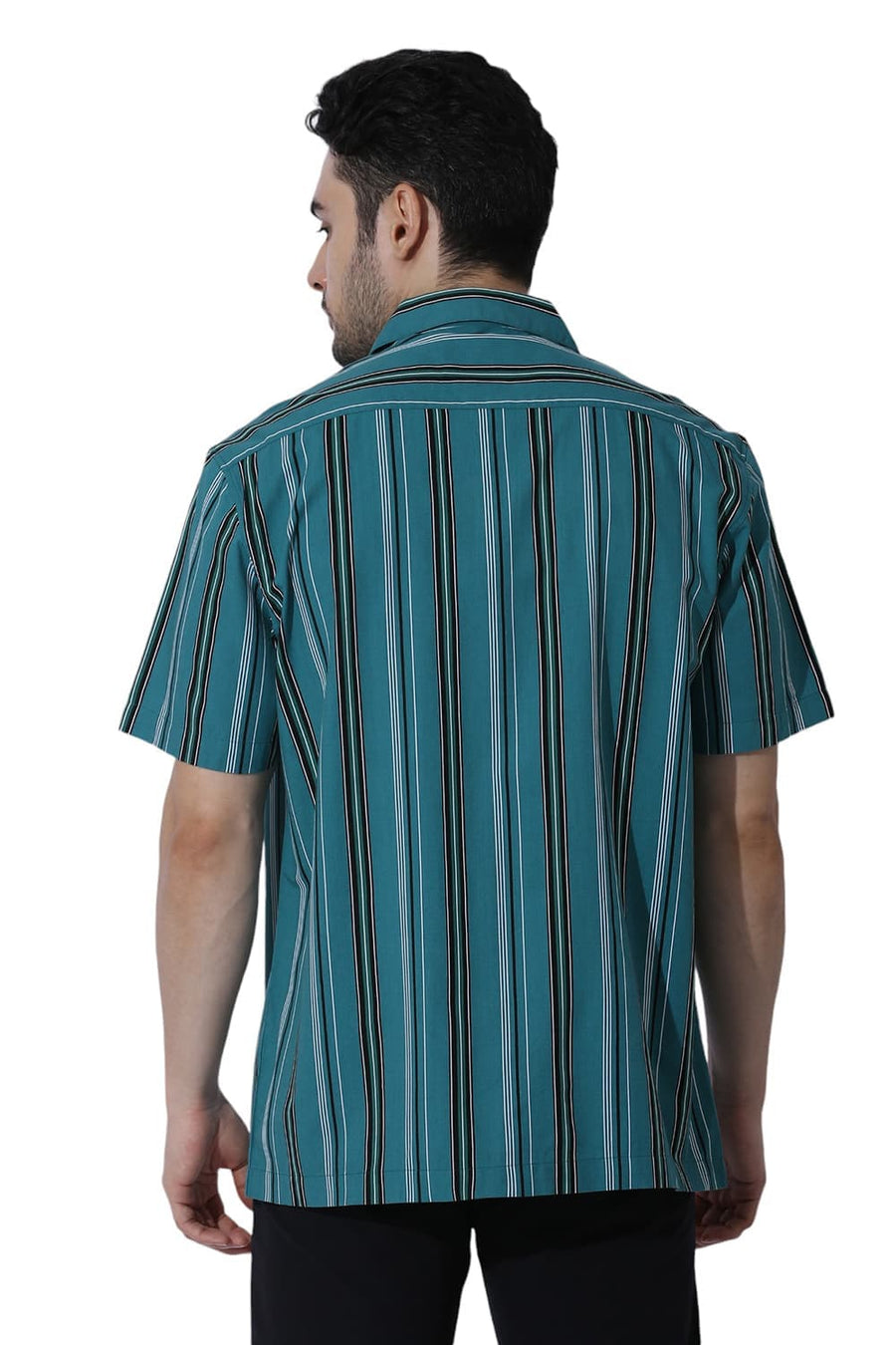 BASICS RELAXED FIT QUETZAL GREEN COTTON VISCOSE TWILL STRIPE HALFSLEEVES SHIRT
