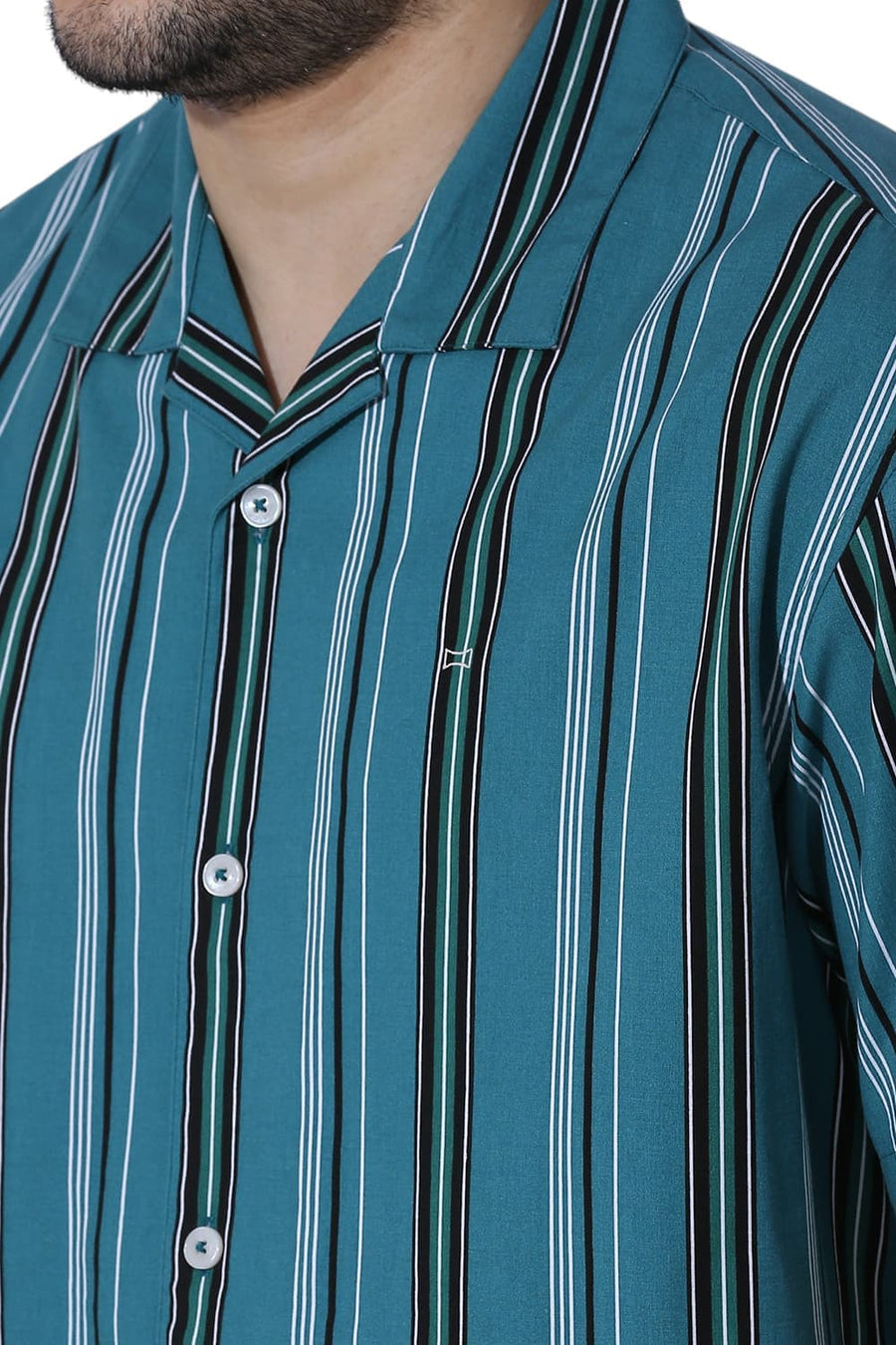 BASICS RELAXED FIT QUETZAL GREEN COTTON VISCOSE TWILL STRIPE HALFSLEEVES SHIRT