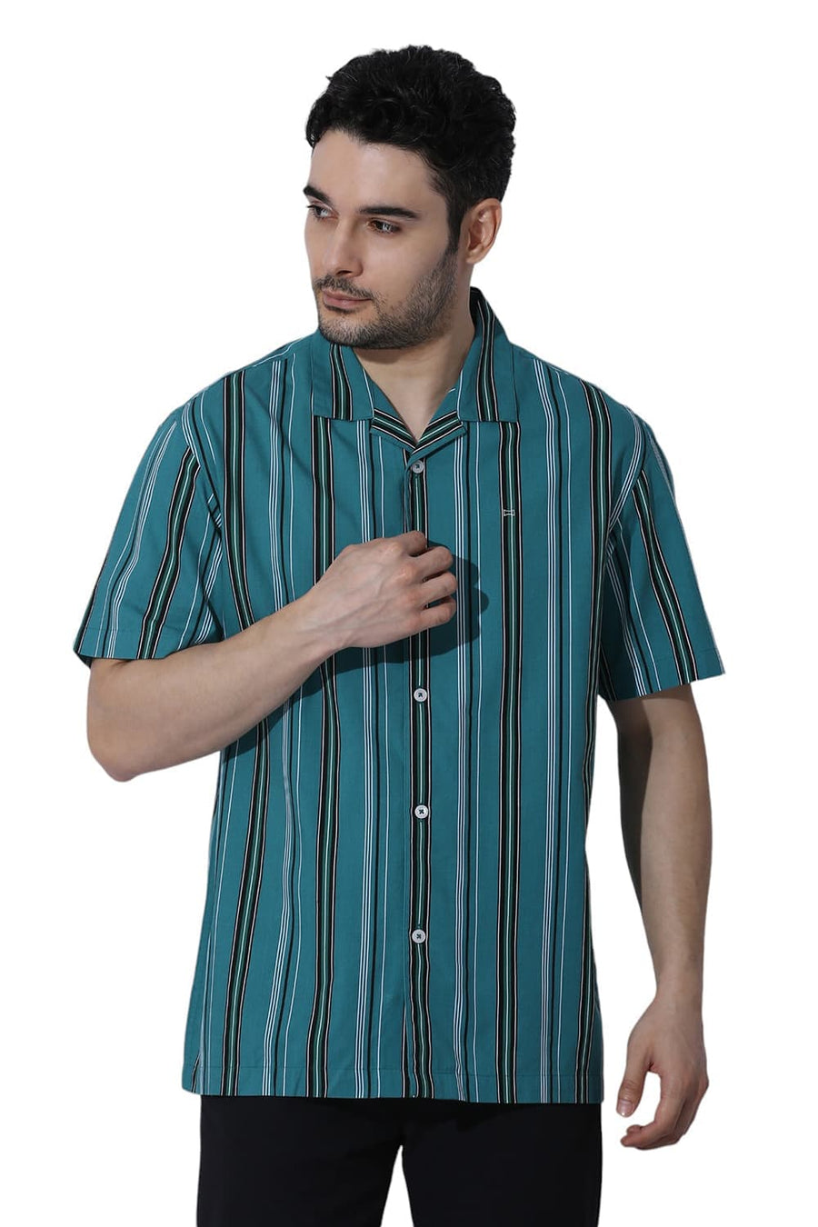 BASICS RELAXED FIT QUETZAL GREEN COTTON VISCOSE TWILL STRIPE HALFSLEEVES SHIRT