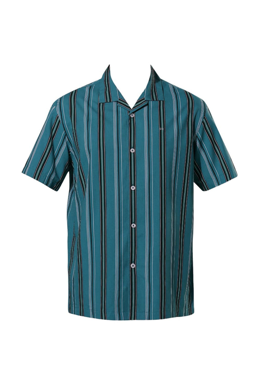 BASICS RELAXED FIT QUETZAL GREEN COTTON VISCOSE TWILL STRIPE HALFSLEEVES SHIRT