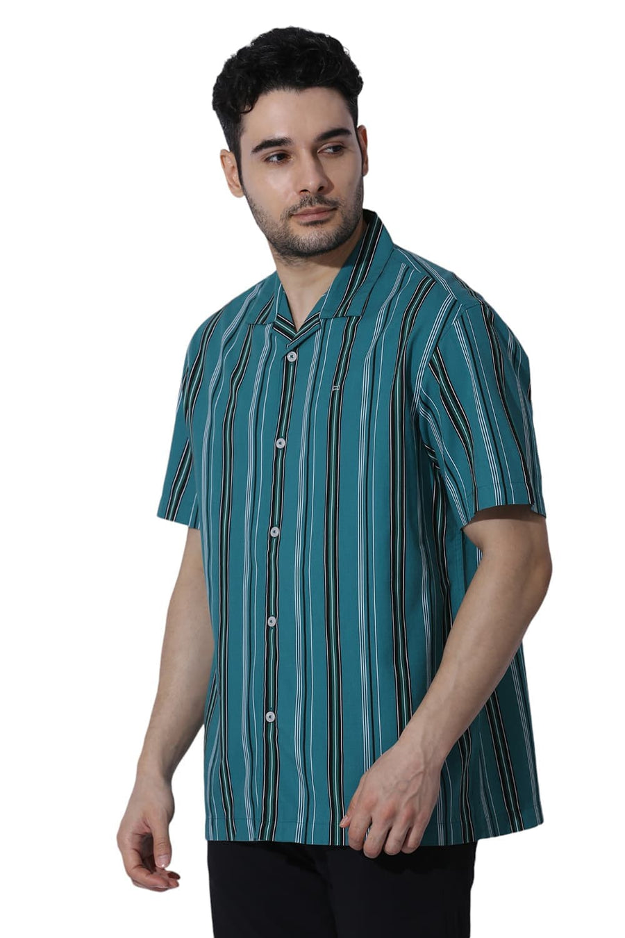 BASICS RELAXED FIT QUETZAL GREEN COTTON VISCOSE TWILL STRIPE HALFSLEEVES SHIRT