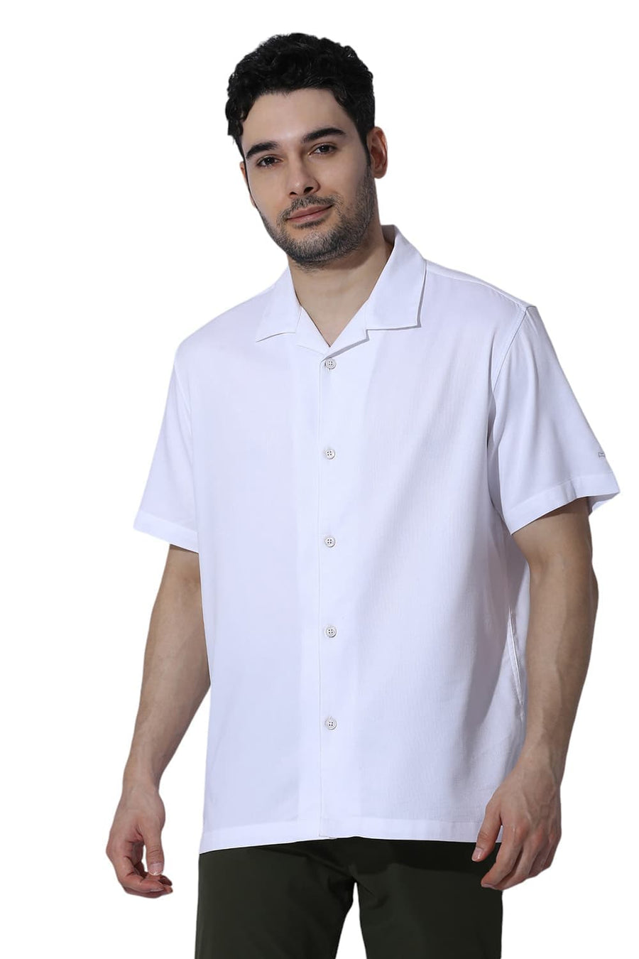 BASICS RELAXED FIT LUCENT WHITE VISCOSE POLYESTER STRETCH DOBBY HALFSLEEVES SHIRT
