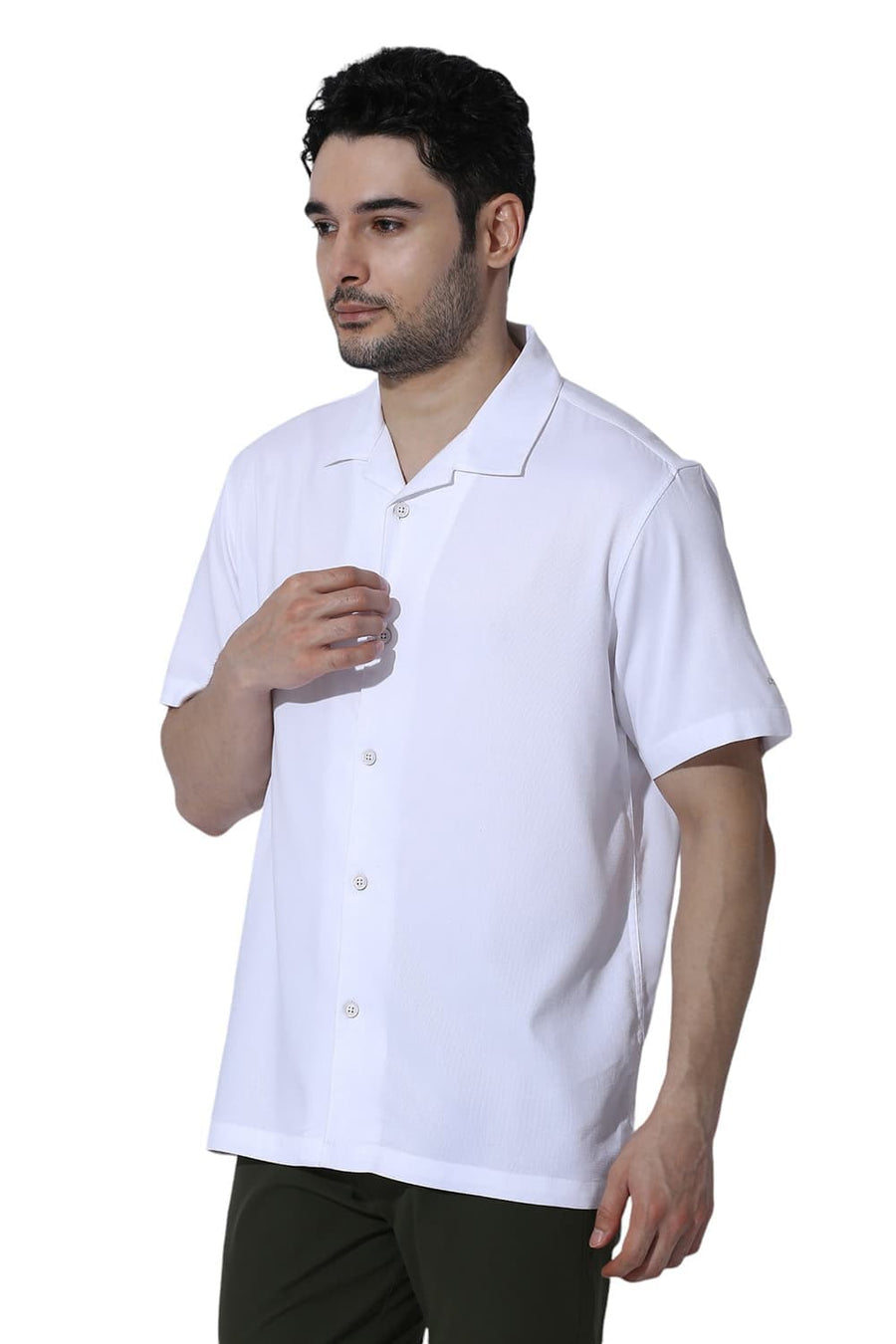 BASICS RELAXED FIT LUCENT WHITE VISCOSE POLYESTER STRETCH DOBBY HALFSLEEVES SHIRT
