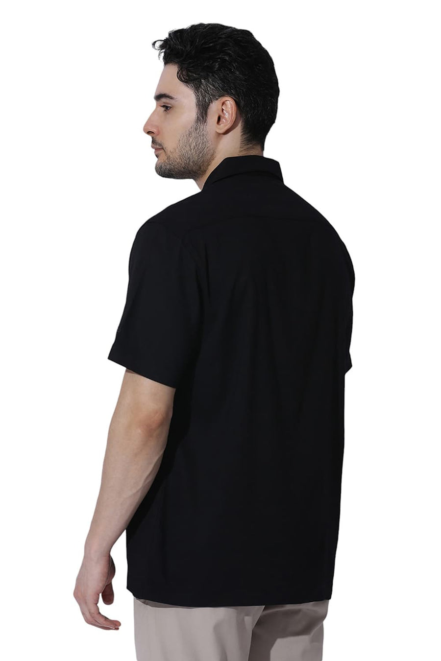 BASICS RELAXED FIT CAVIAR BLACK VISCOSE POLYESTER STRETCH DOBBY HALFSLEEVES SHIRT