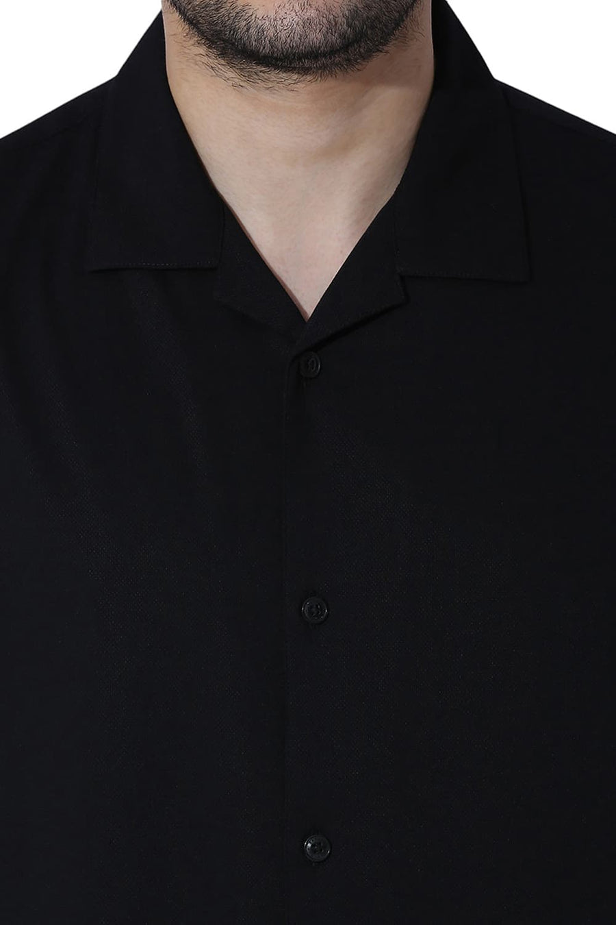 BASICS RELAXED FIT CAVIAR BLACK VISCOSE POLYESTER STRETCH DOBBY HALFSLEEVES SHIRT