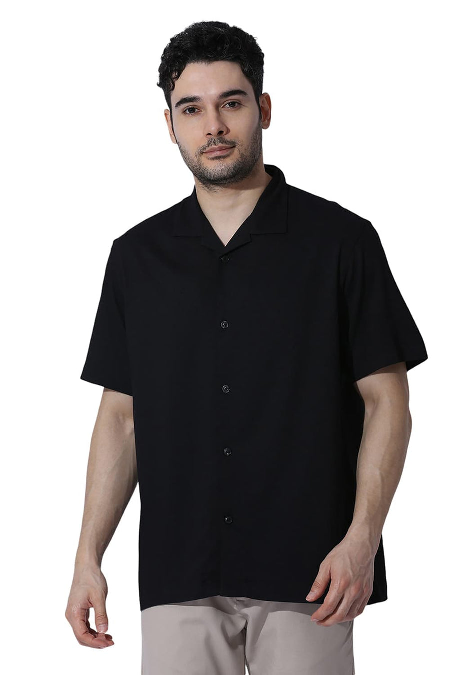 BASICS RELAXED FIT CAVIAR BLACK VISCOSE POLYESTER STRETCH DOBBY HALFSLEEVES SHIRT