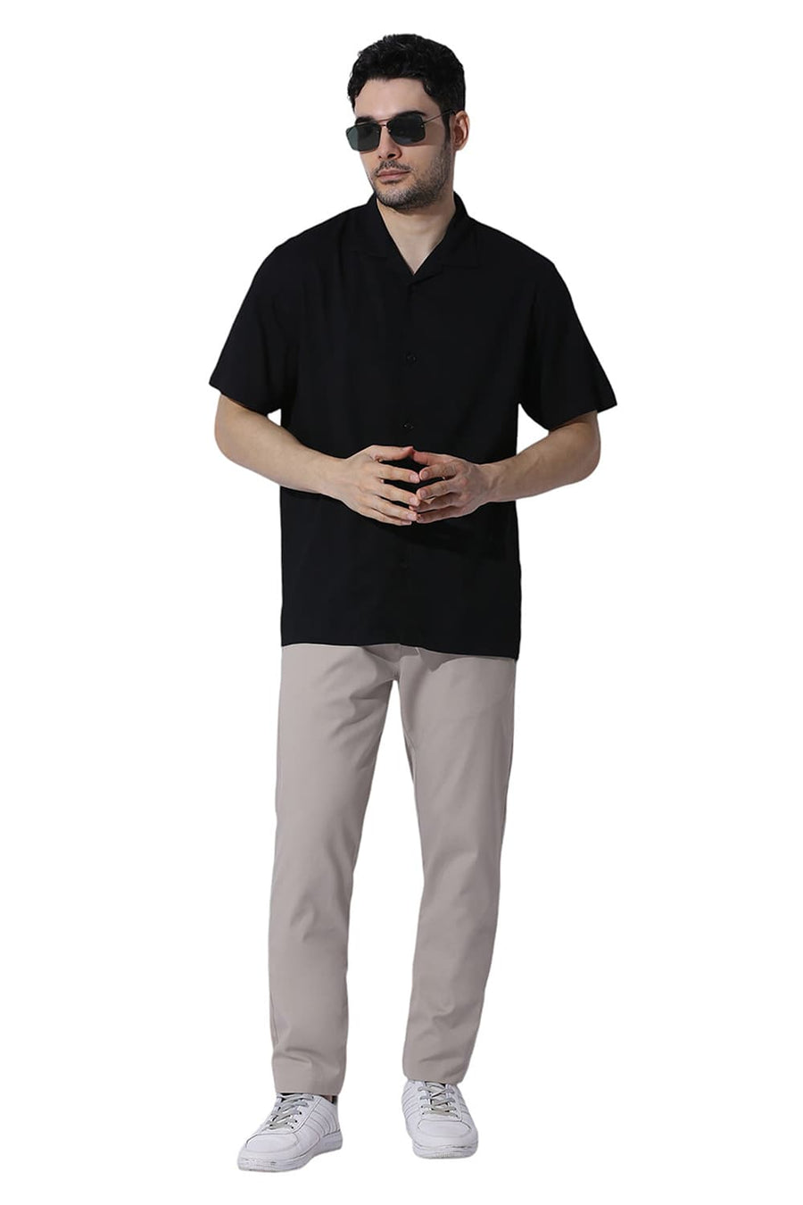 BASICS RELAXED FIT CAVIAR BLACK VISCOSE POLYESTER STRETCH DOBBY HALFSLEEVES SHIRT