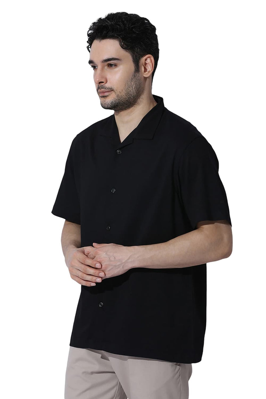 BASICS RELAXED FIT CAVIAR BLACK VISCOSE POLYESTER STRETCH DOBBY HALFSLEEVES SHIRT