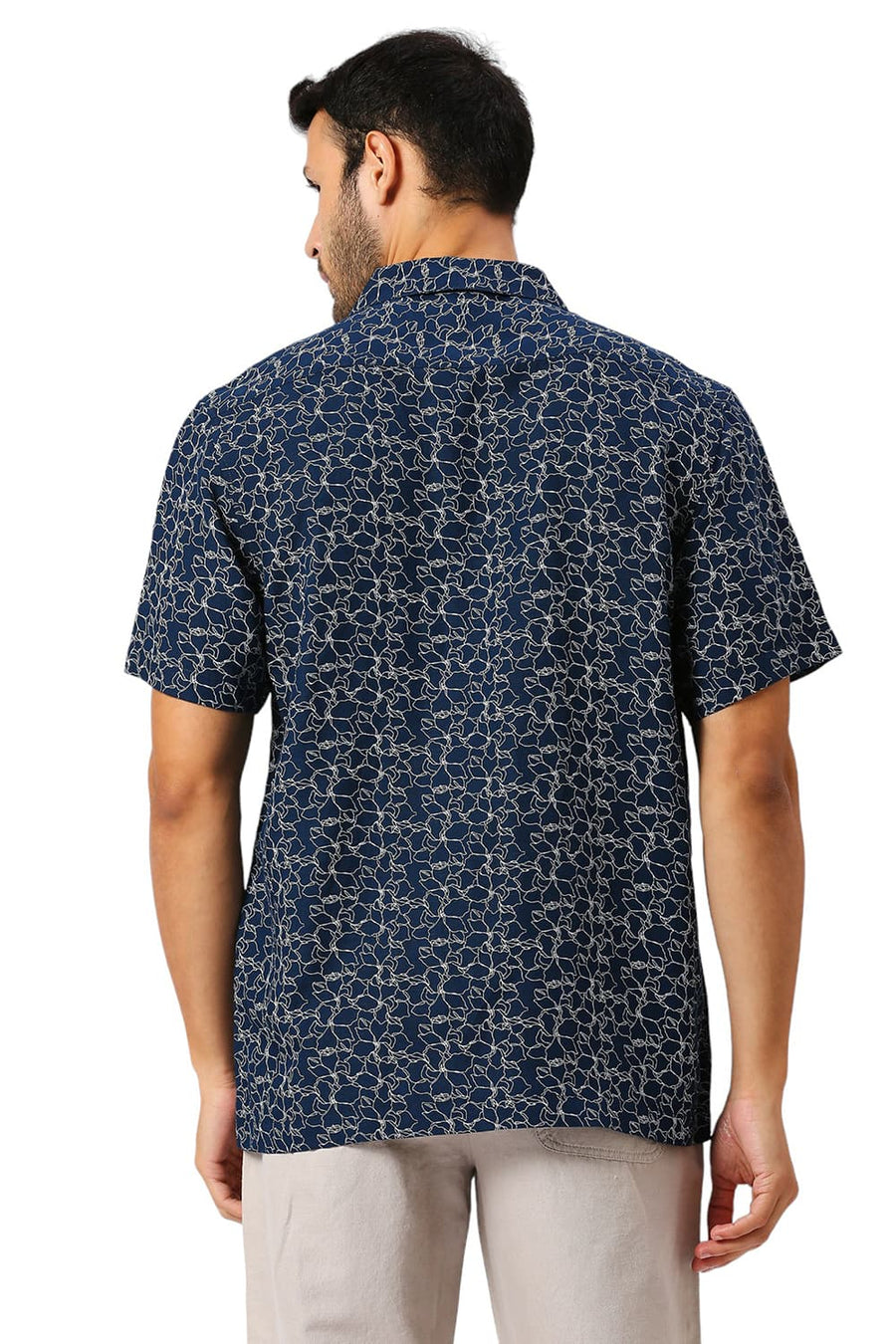 BASICS RELAXED FIT TITAN NAVY VISCOSE LINEN PRINTED HALFSLEEVES SHIRT