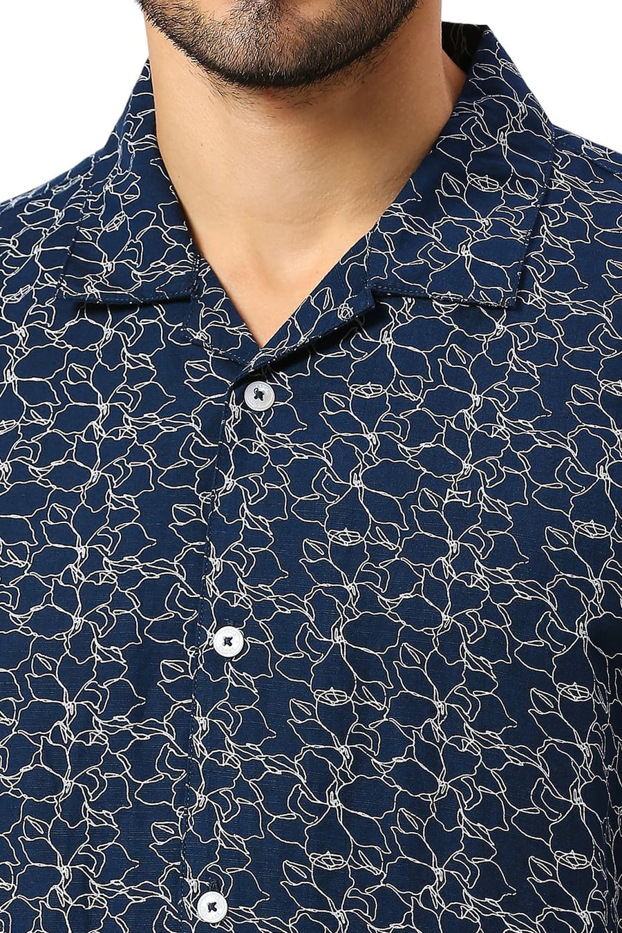 BASICS RELAXED FIT TITAN NAVY VISCOSE LINEN PRINTED HALFSLEEVES SHIRT