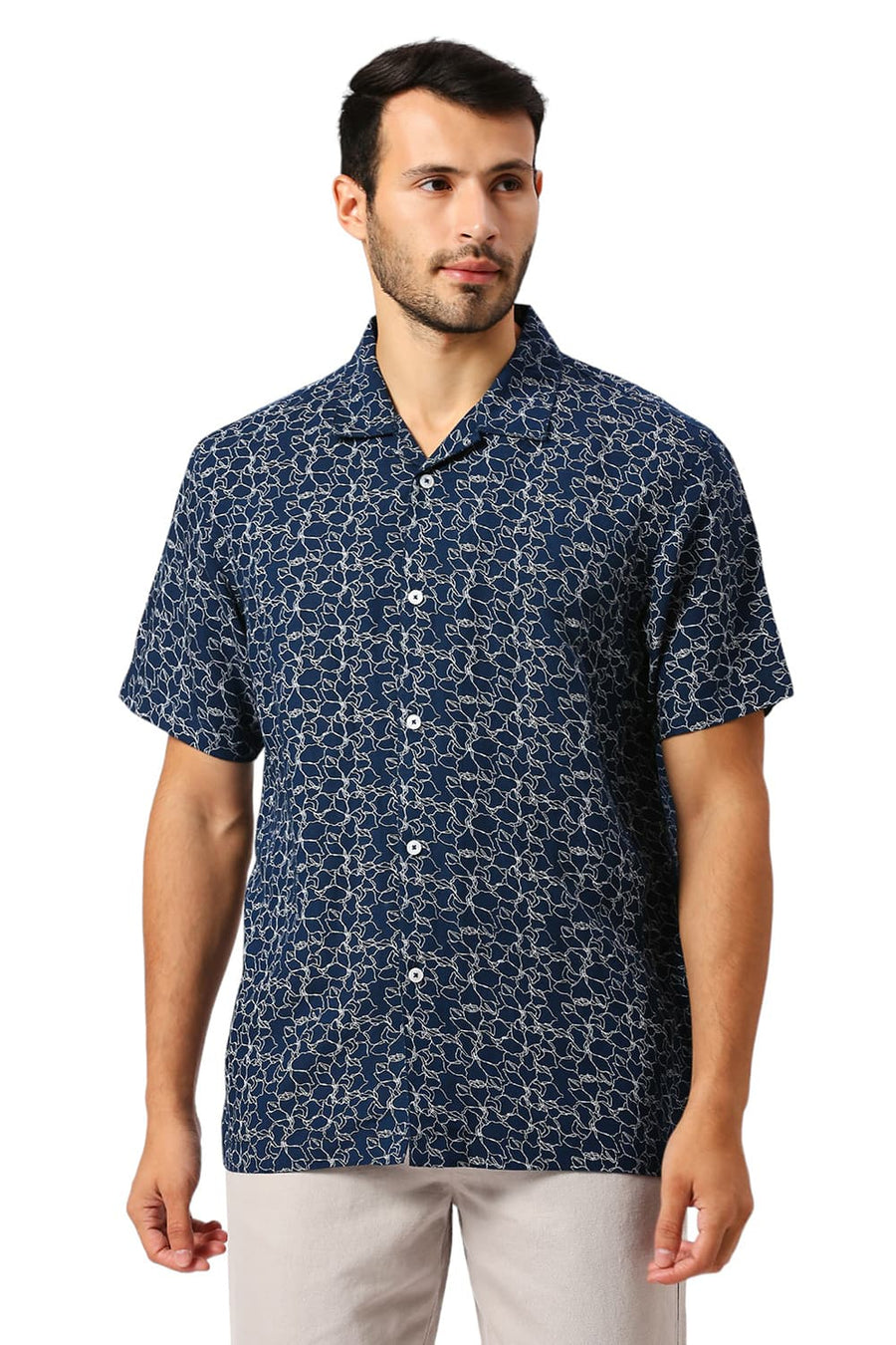 BASICS RELAXED FIT TITAN NAVY VISCOSE LINEN PRINTED HALFSLEEVES SHIRT