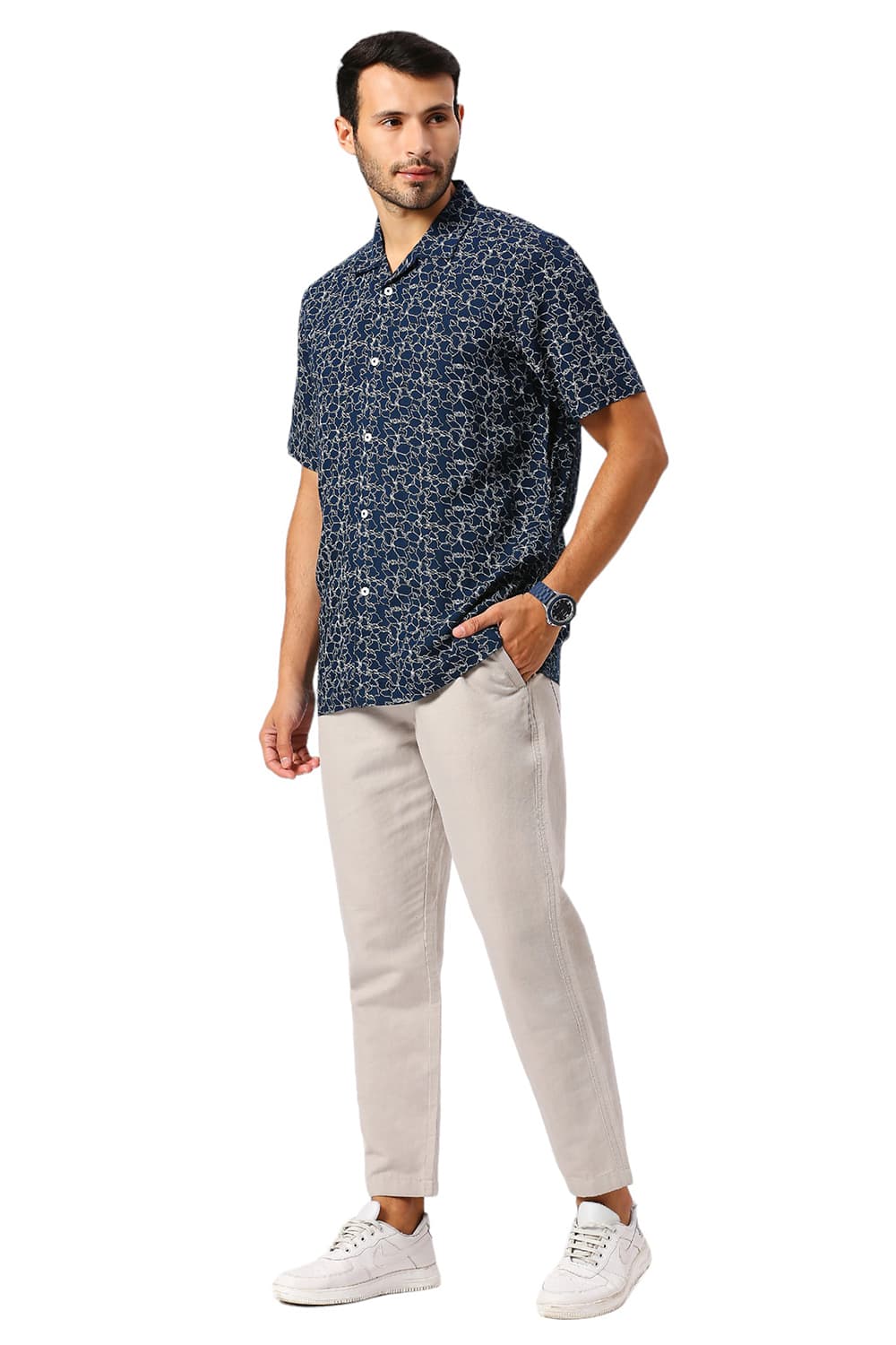 RELAXED FIT VISCOSE LINEN PRINTED HALFSLEEVES SHIRT