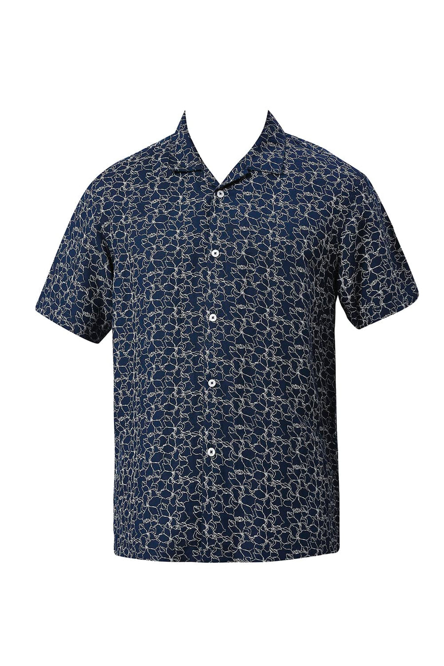 BASICS RELAXED FIT TITAN NAVY VISCOSE LINEN PRINTED HALFSLEEVES SHIRT