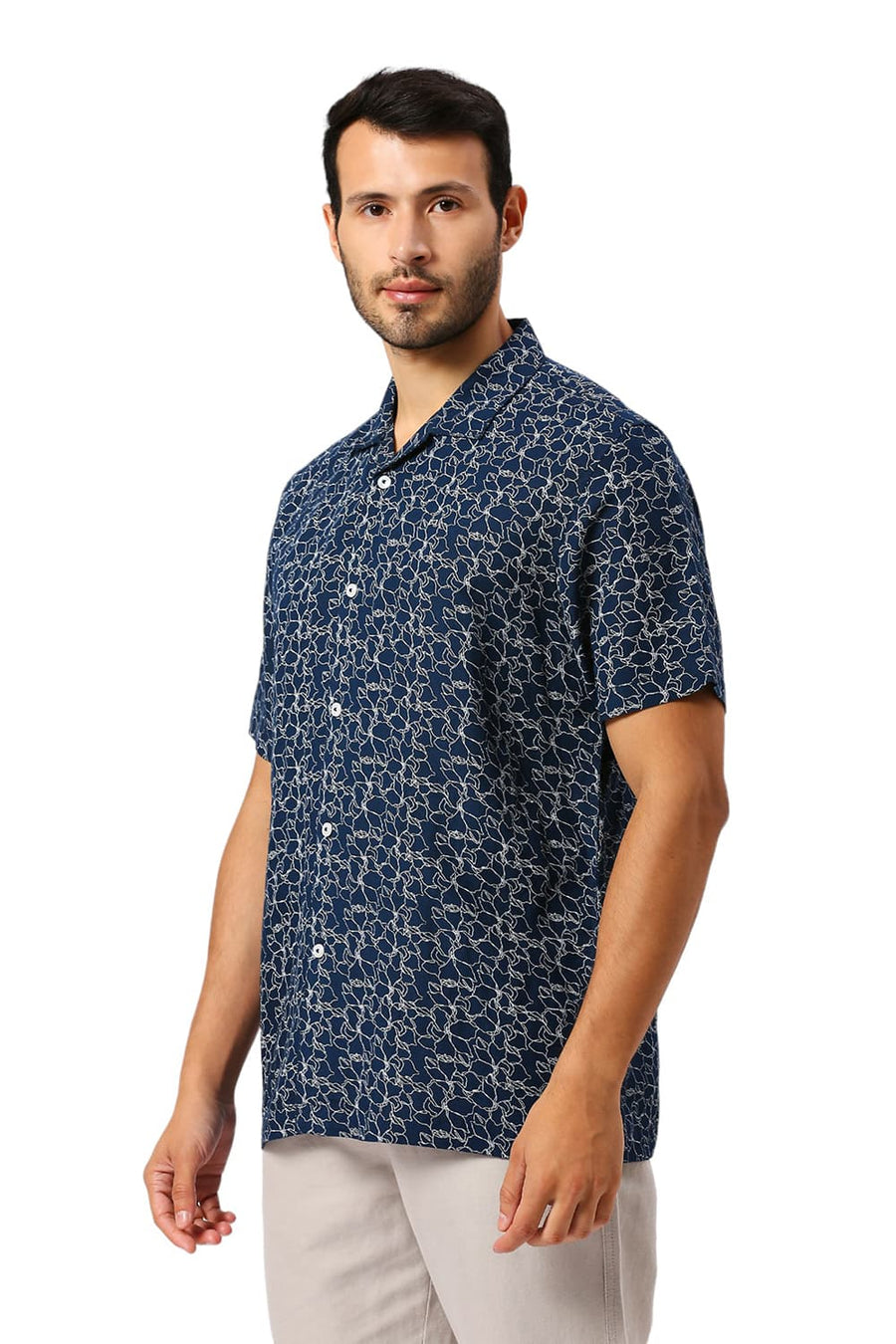 BASICS RELAXED FIT TITAN NAVY VISCOSE LINEN PRINTED HALFSLEEVES SHIRT