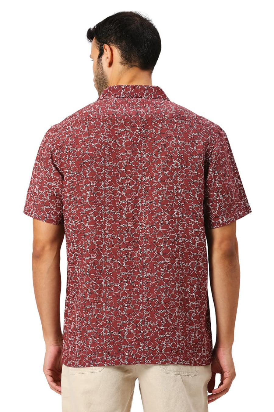 BASICS RELAXED FIT PORT MAROON VISCOSE LINEN PRINTED HALFSLEEVES SHIRT