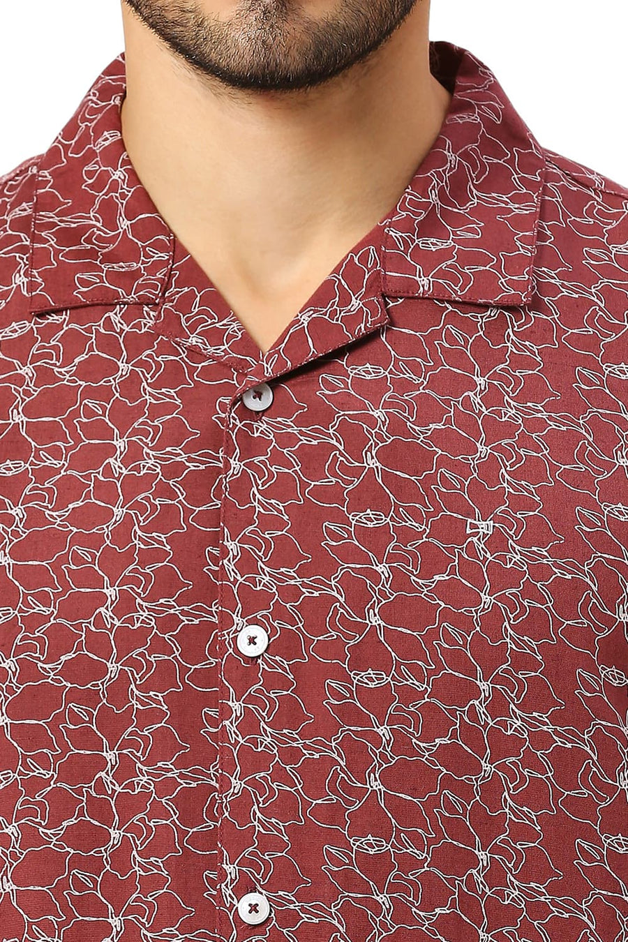 BASICS RELAXED FIT PORT MAROON VISCOSE LINEN PRINTED HALFSLEEVES SHIRT