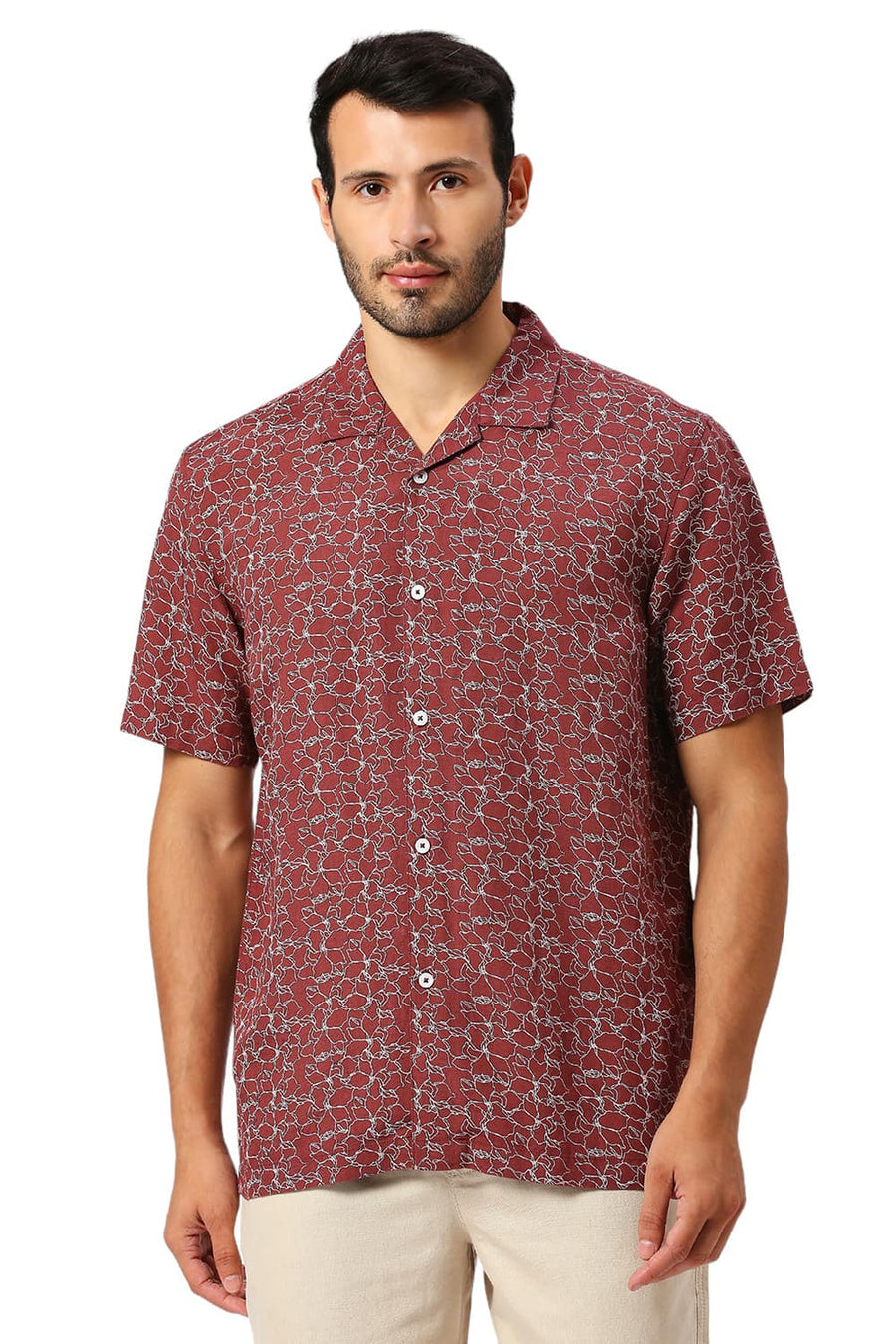 BASICS RELAXED FIT PORT MAROON VISCOSE LINEN PRINTED HALFSLEEVES SHIRT