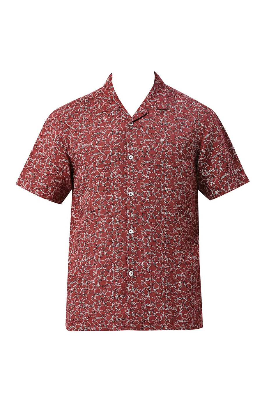 BASICS RELAXED FIT PORT MAROON VISCOSE LINEN PRINTED HALFSLEEVES SHIRT