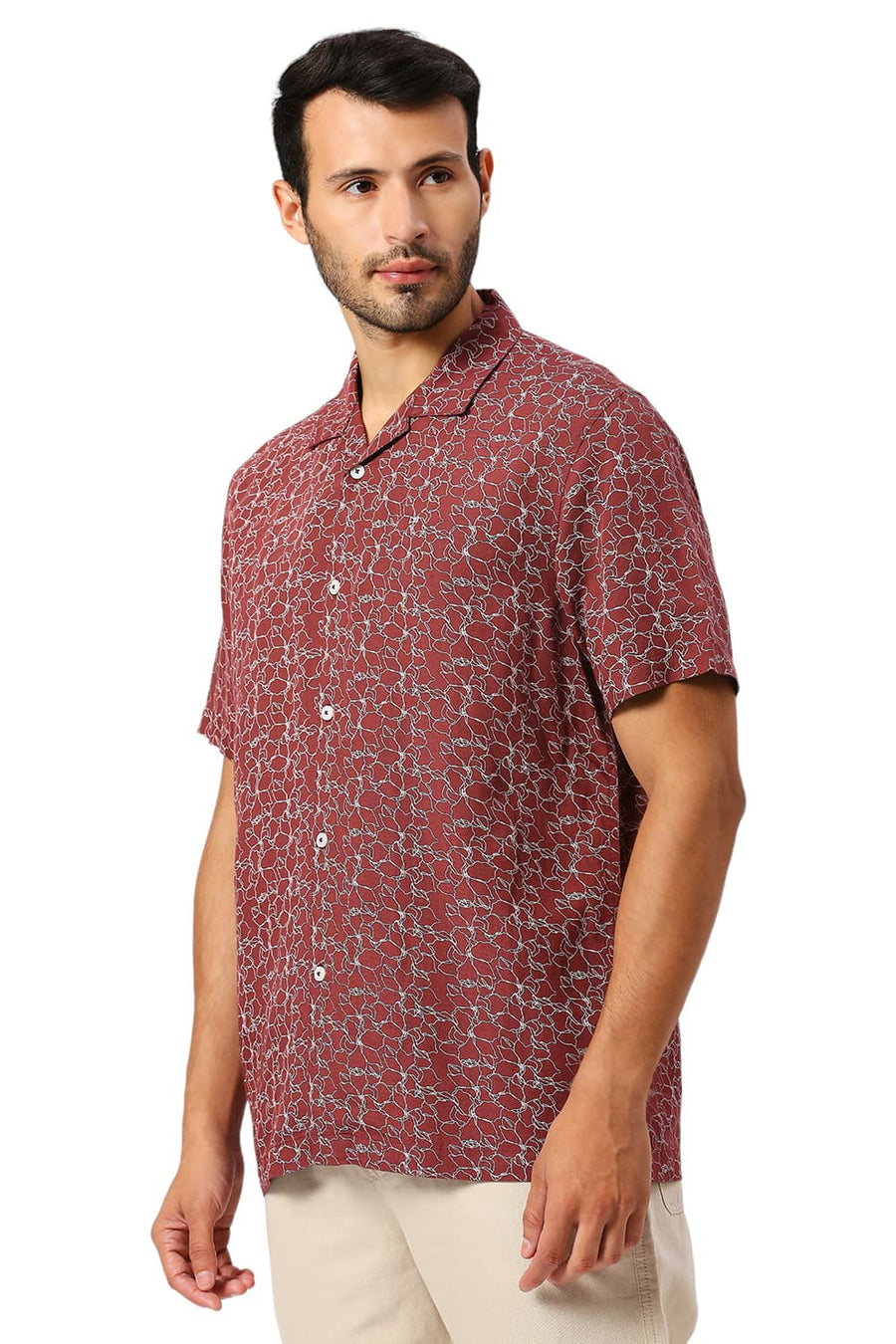 BASICS RELAXED FIT PORT MAROON VISCOSE LINEN PRINTED HALFSLEEVES SHIRT