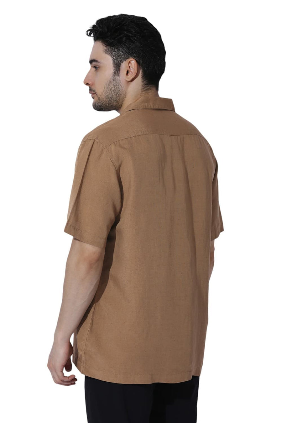 BASICS RELAXED FIT TIGER KHAKI VISCOSE LINEN HALFSLEEVES SHIRT