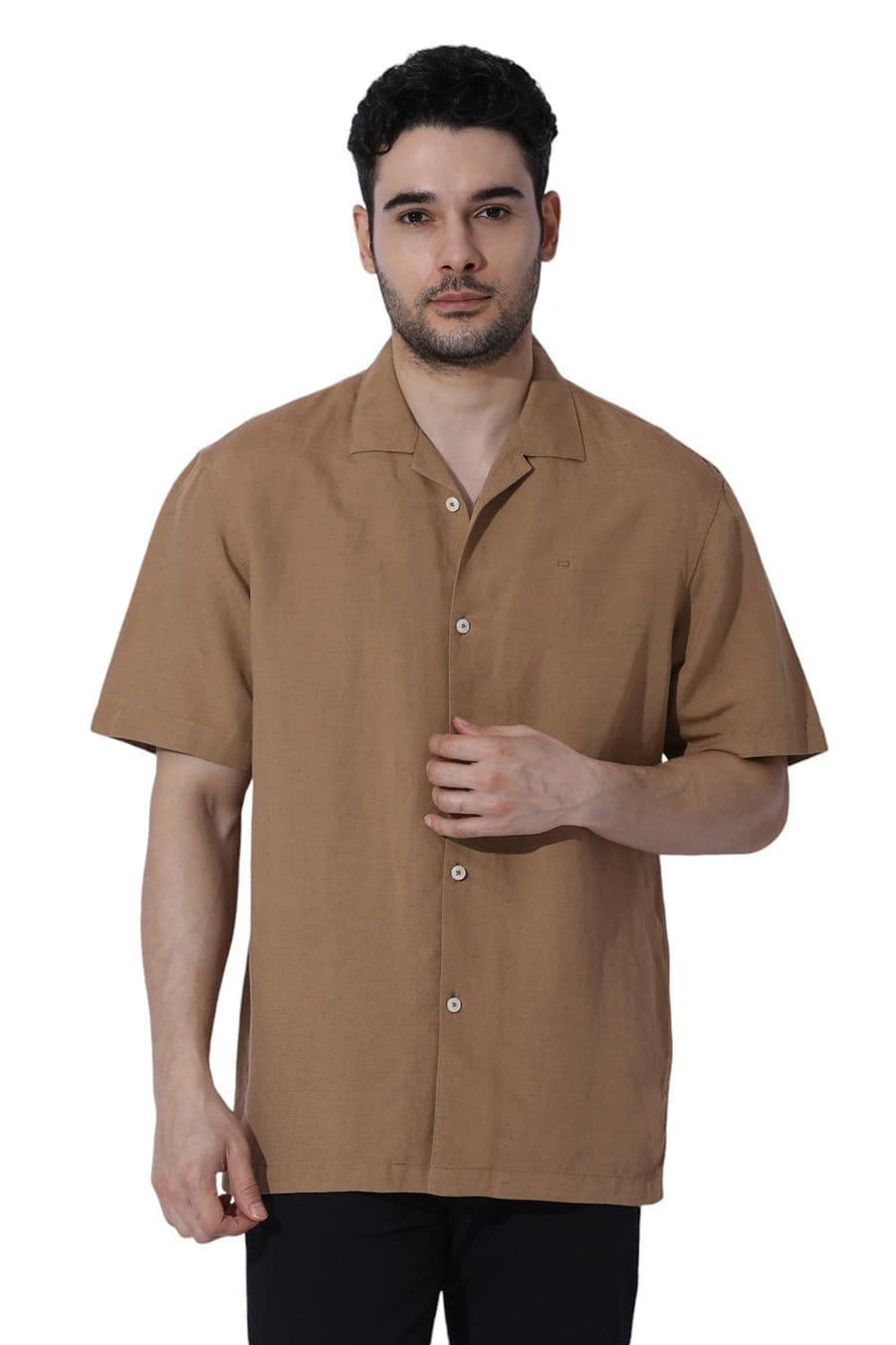 BASICS RELAXED FIT TIGER KHAKI VISCOSE LINEN HALFSLEEVES SHIRT
