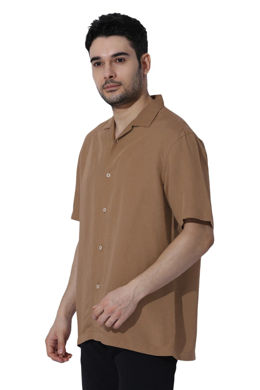 BASICS RELAXED FIT TIGER KHAKI VISCOSE LINEN HALFSLEEVES SHIRT