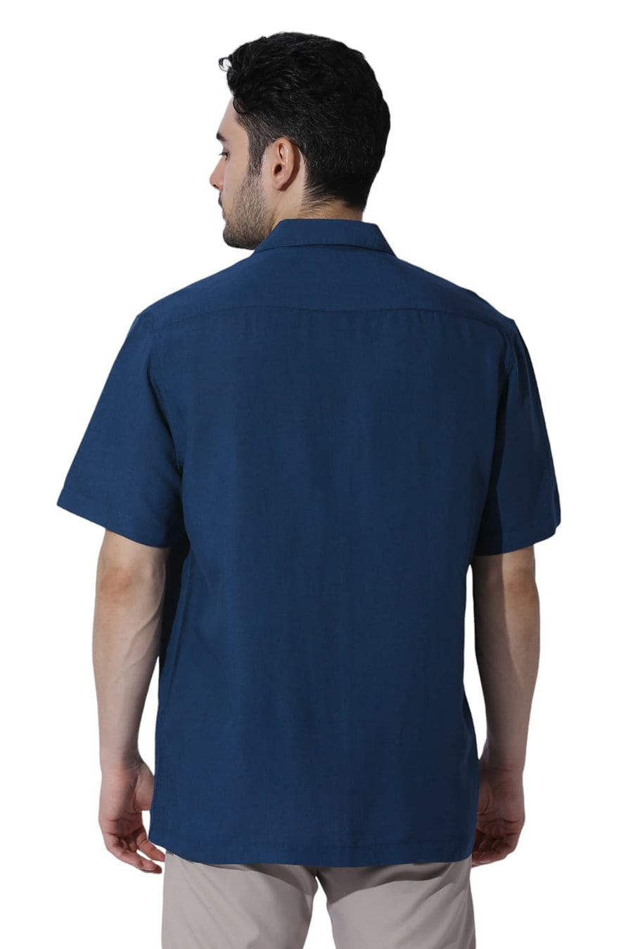 BASICS RELAXED FIT TITAN BLUE VISCOSE LINEN HALFSLEEVES SHIRT