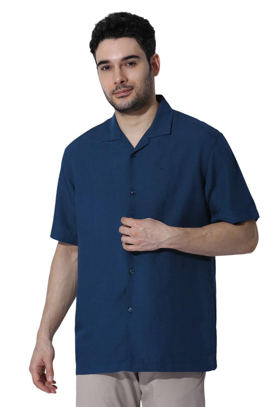 BASICS RELAXED FIT TITAN BLUE VISCOSE LINEN HALFSLEEVES SHIRT