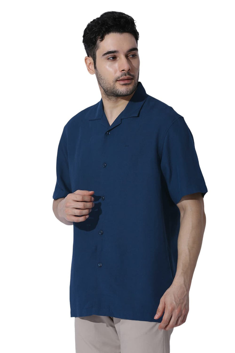 BASICS RELAXED FIT TITAN BLUE VISCOSE LINEN HALFSLEEVES SHIRT