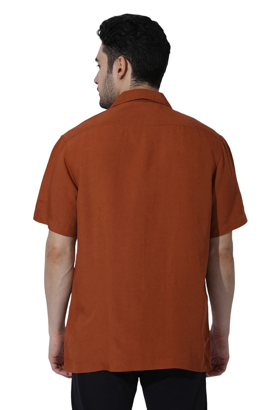 BASICS RELAXED FIT RUST ORANGE VISCOSE LINEN HALFSLEEVES SHIRT