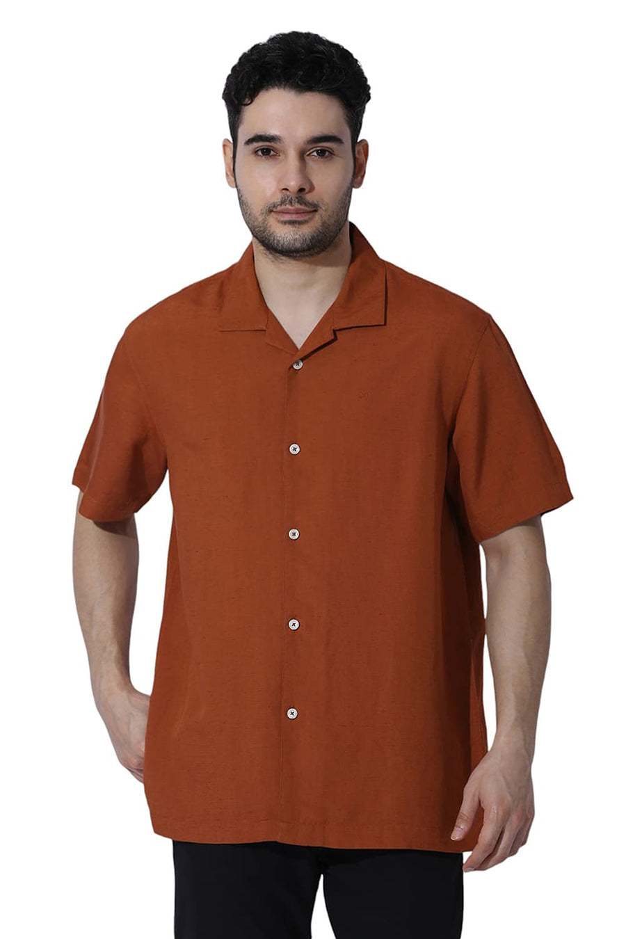 BASICS RELAXED FIT RUST ORANGE VISCOSE LINEN HALFSLEEVES SHIRT