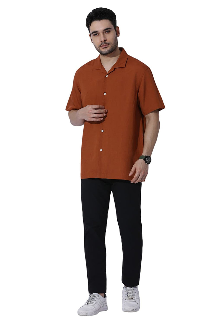 BASICS RELAXED FIT RUST ORANGE VISCOSE LINEN HALFSLEEVES SHIRT