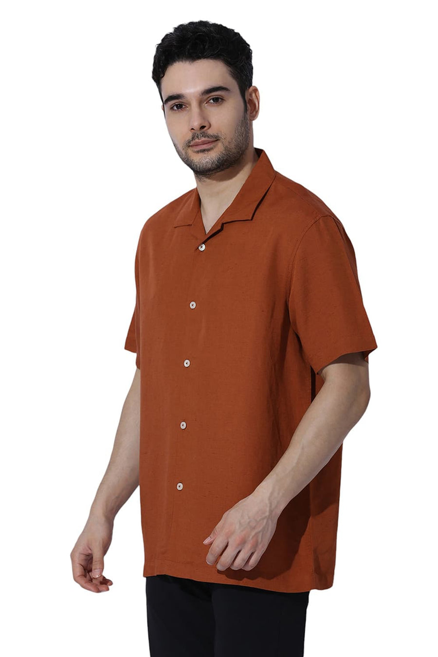 BASICS RELAXED FIT RUST ORANGE VISCOSE LINEN HALFSLEEVES SHIRT