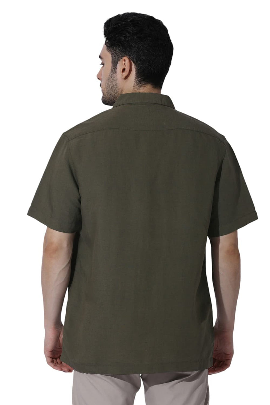 BASICS RELAXED FIT OLIVE LICHEN VISCOSE LINEN HALFSLEEVES SHIRT