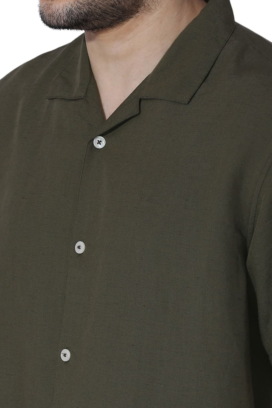 BASICS RELAXED FIT OLIVE LICHEN VISCOSE LINEN HALFSLEEVES SHIRT