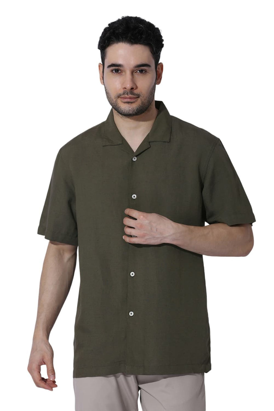 BASICS RELAXED FIT OLIVE LICHEN VISCOSE LINEN HALFSLEEVES SHIRT
