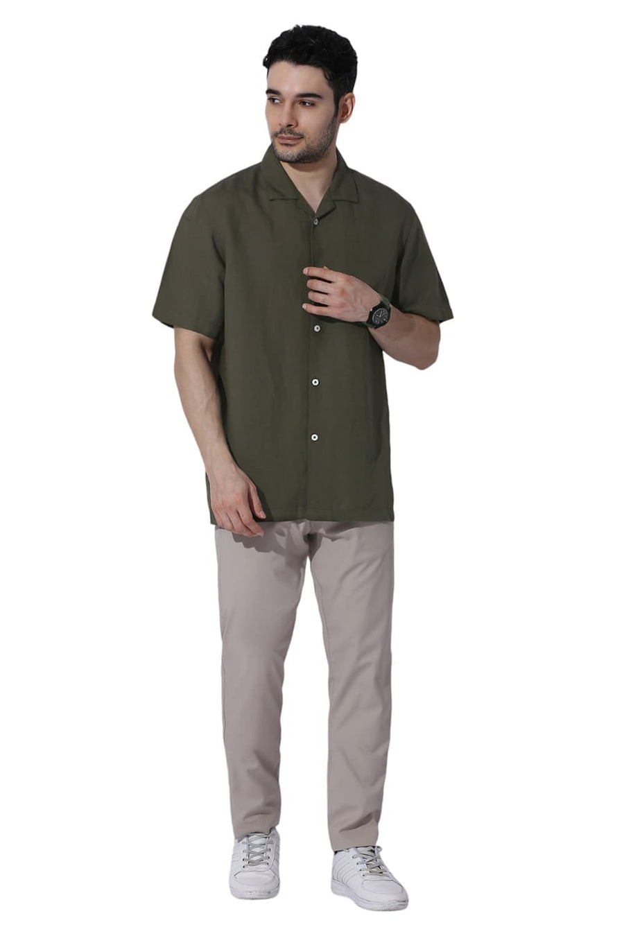 BASICS RELAXED FIT OLIVE LICHEN VISCOSE LINEN HALFSLEEVES SHIRT