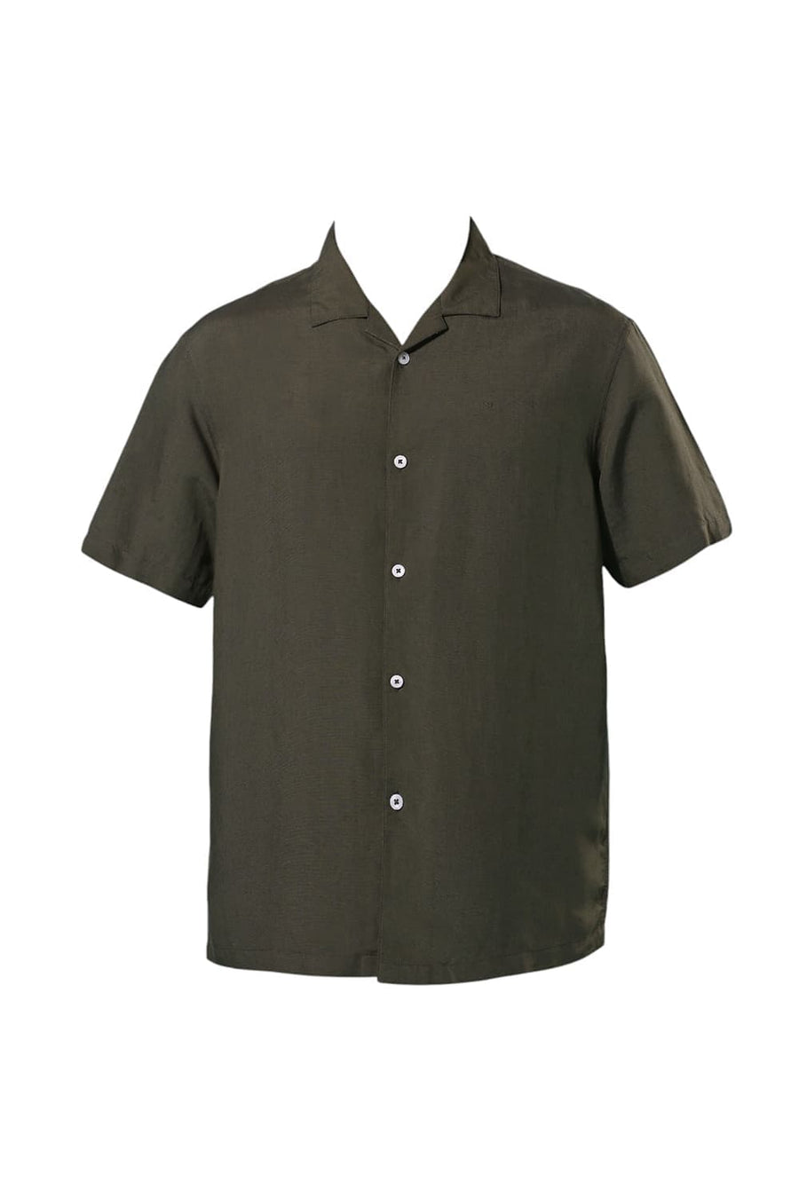 BASICS RELAXED FIT OLIVE LICHEN VISCOSE LINEN HALFSLEEVES SHIRT