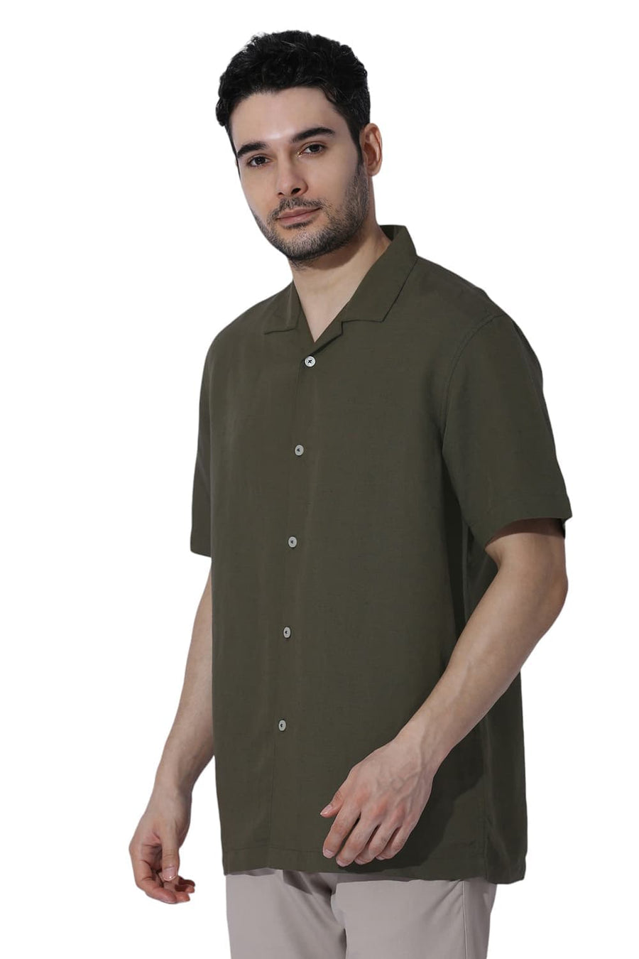 BASICS RELAXED FIT OLIVE LICHEN VISCOSE LINEN HALFSLEEVES SHIRT