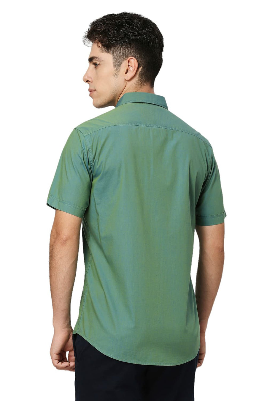 BASICS SLIM FIT BERYL GREEN COTTON CHAMBRAY HALFSLEEVES SHIRT