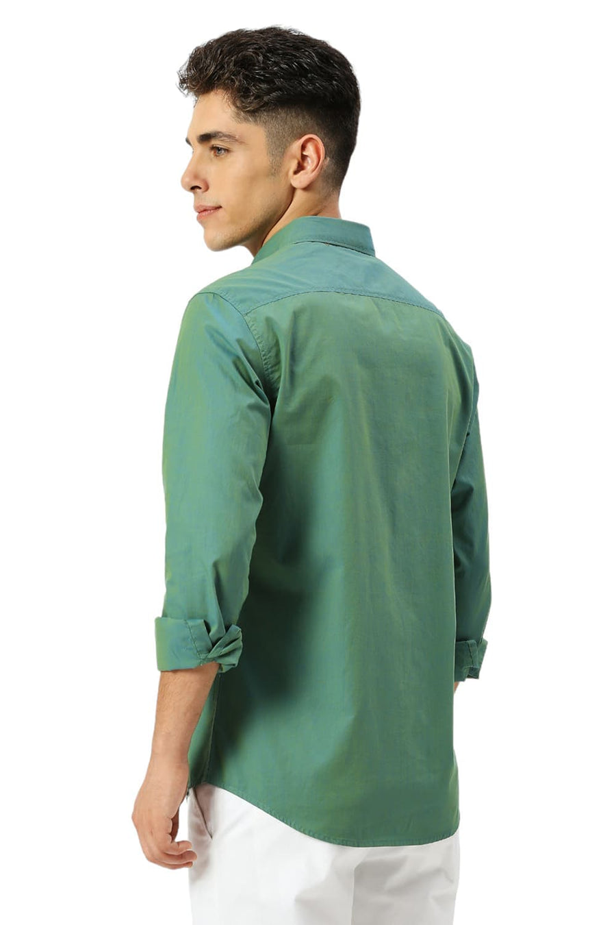 BASICS SLIM FIT BERYL GREEN COTTON CHAMBRAY SHIRT