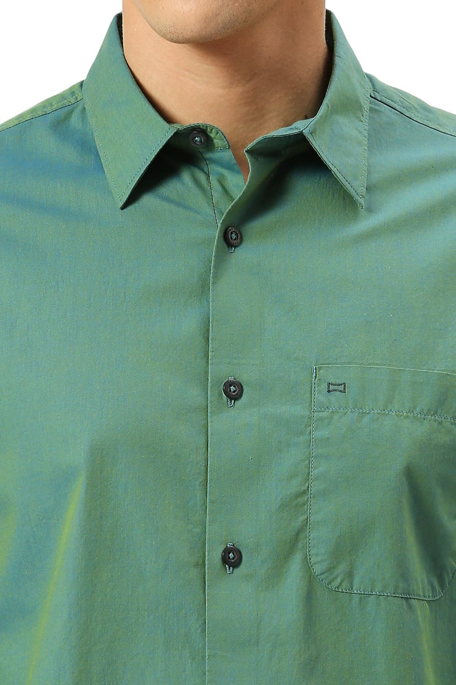 BASICS SLIM FIT BERYL GREEN COTTON CHAMBRAY SHIRT