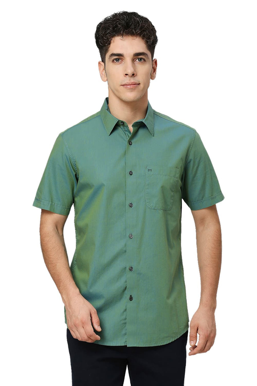 BASICS SLIM FIT BERYL GREEN COTTON CHAMBRAY HALFSLEEVES SHIRT