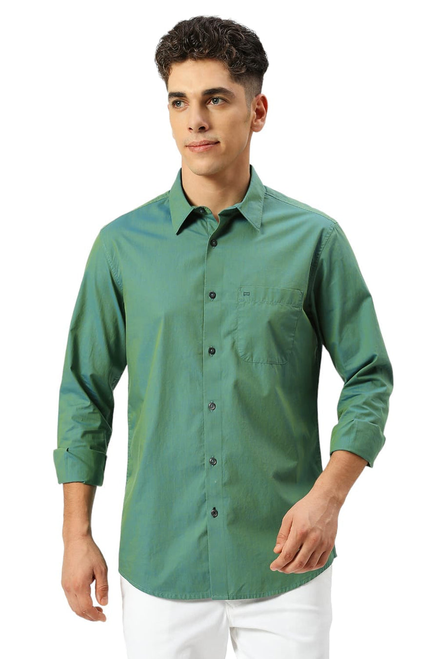 BASICS SLIM FIT BERYL GREEN COTTON CHAMBRAY SHIRT