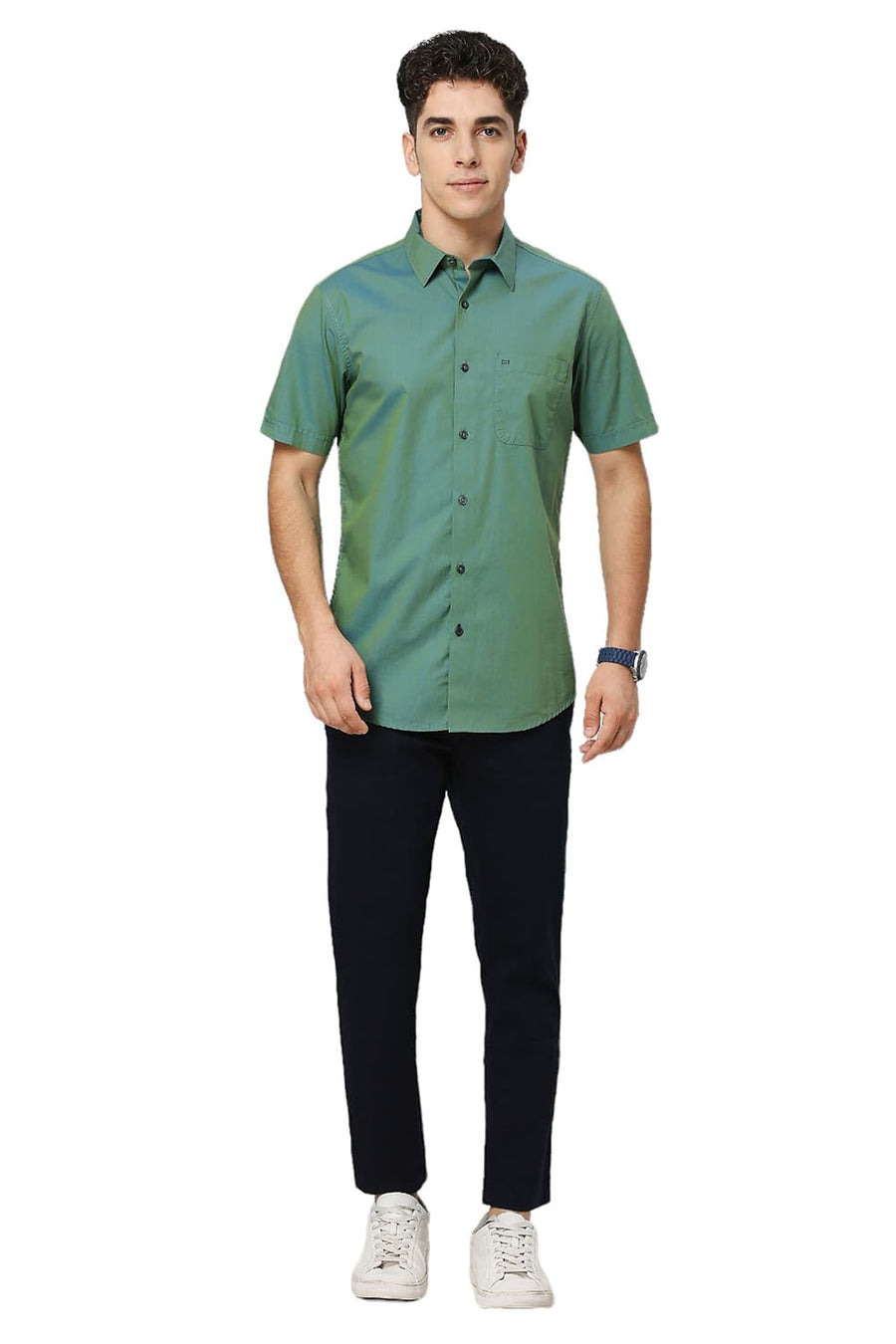 BASICS SLIM FIT BERYL GREEN COTTON CHAMBRAY HALFSLEEVES SHIRT