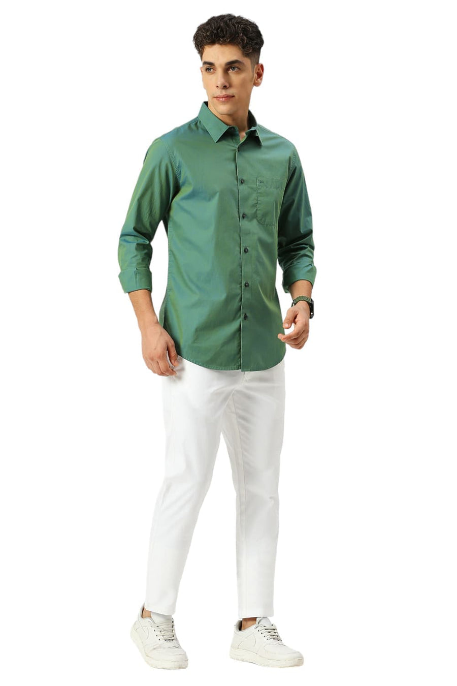 BASICS SLIM FIT BERYL GREEN COTTON CHAMBRAY SHIRT