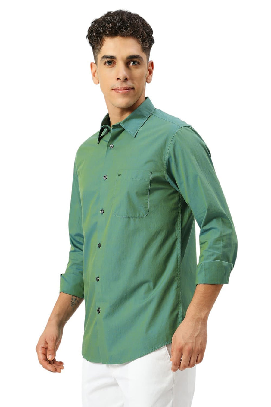 BASICS SLIM FIT BERYL GREEN COTTON CHAMBRAY SHIRT
