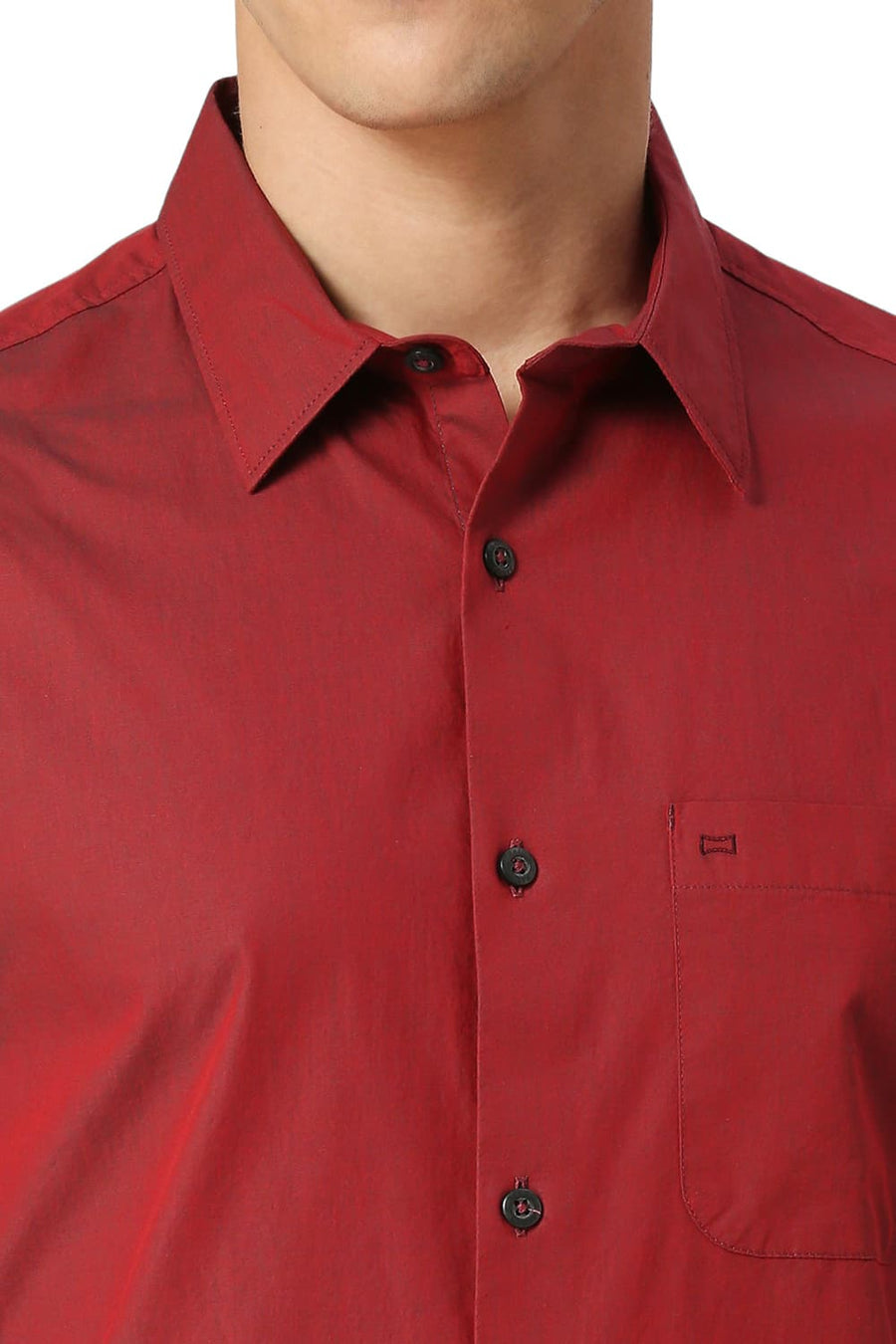 BASICS SLIM FIT RED DAHLIA COTTON CHAMBRAY HALFSLEEVES SHIRT
