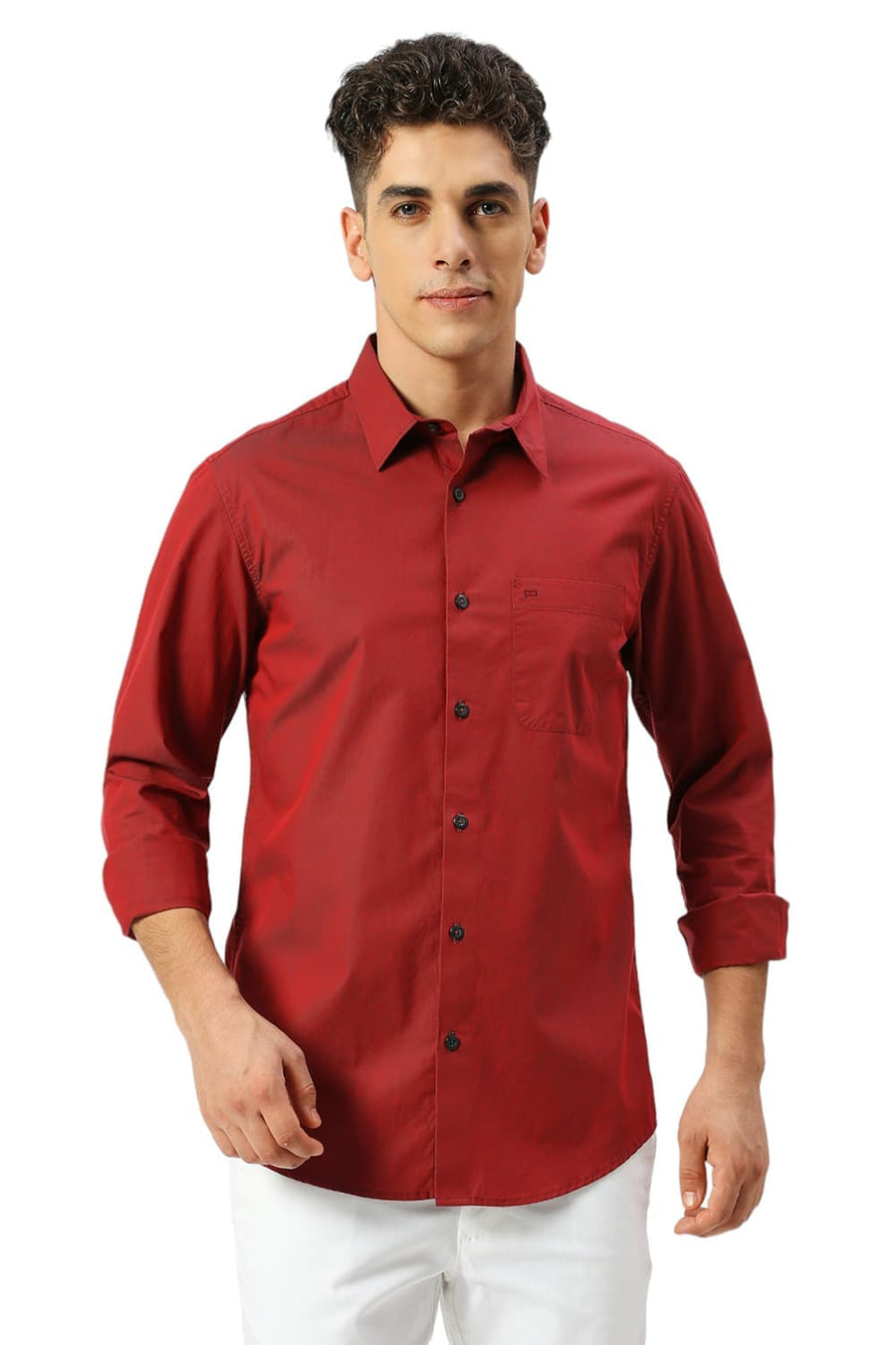 BASICS SLIM FIT RED DAHLIA COTTON CHAMBRAY SHIRT